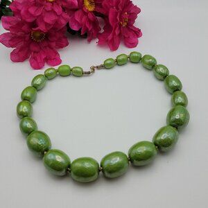 Vtg. Brutalist Chunky Olive Green Metallic Ceramic Beaded Collar Necklace 22.5"